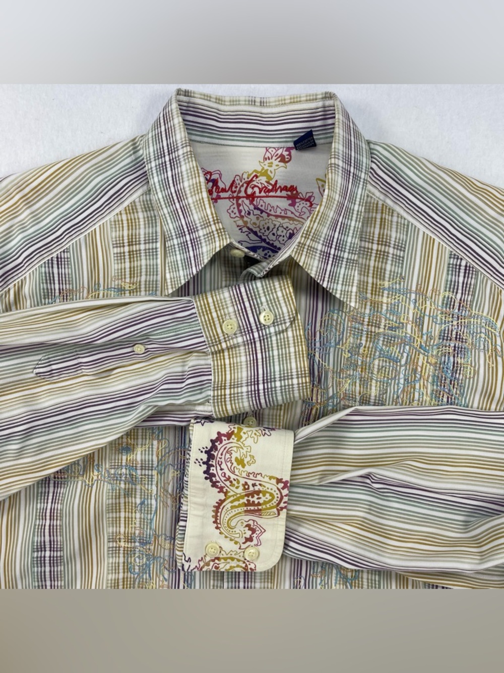 Robert Graham Shirt Mens XL  Multicolor Striped Embroidered Paisley Flip Cuff